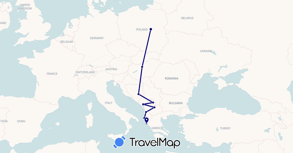 TravelMap itinerary: driving in Albania, Bosnia and Herzegovina, Greece, Hungary, Montenegro, Macedonia, Poland, Kosovo (Europe)